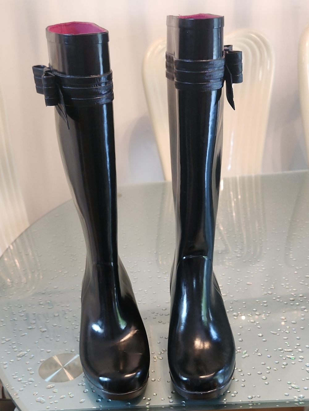 kate spade Authentic Black Patent Over-the-Knee Boots with Pink Lining and Bow